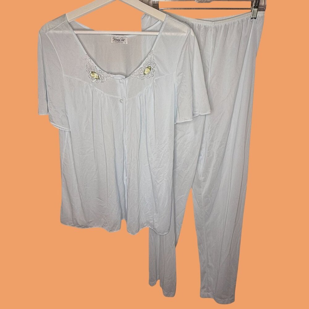 Vintage Vanity Fair Pajama Set Large Pale Blue Nylon Top Pants Loungewear Sleep
